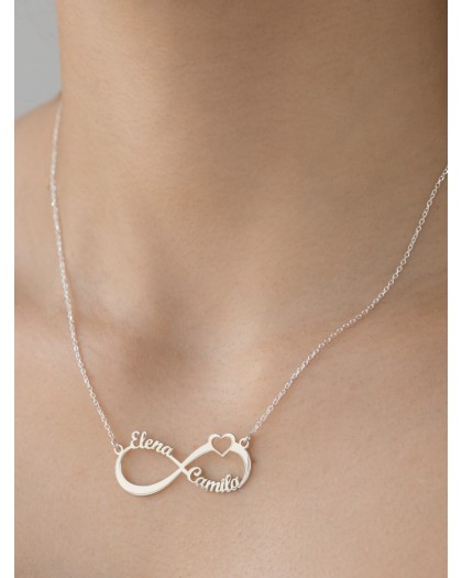Collar con 2 nombres Infinito Corazón Plata