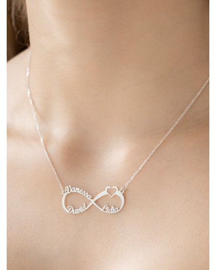Collar con 3 nombres Infinito Corazón Plata