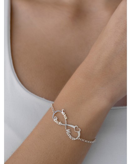 Pulsera con 3 nombres infinito Corazón Plata