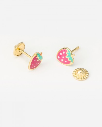 Pendientes fresa con esmalte oro