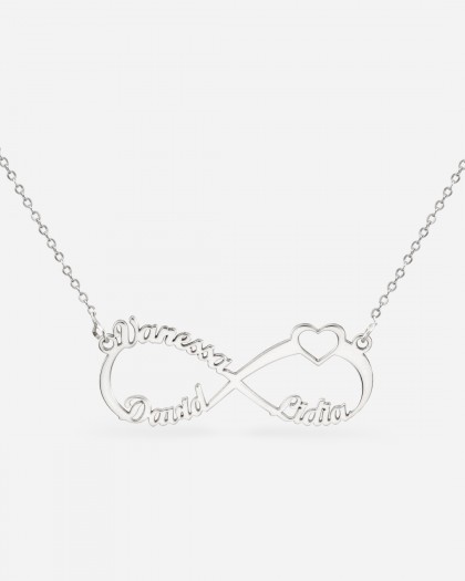 Collar con 3 nombres Infinito Corazón Plata