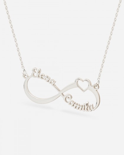 Collar con 2 nombres Infinito Corazón Plata