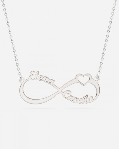 Collar con 2 nombres Infinito Corazón Plata