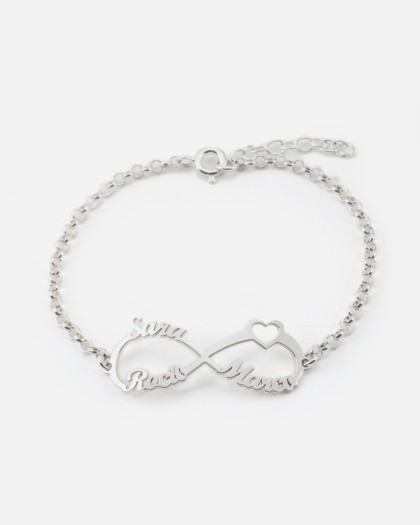 Pulsera con 3 nombres infinito Corazón Plata