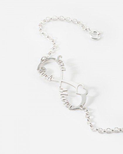Pulsera con 3 nombres infinito Corazón Plata
