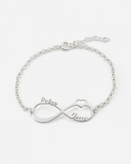 Pulsera con 2 nombres infinito Corazón Plata
